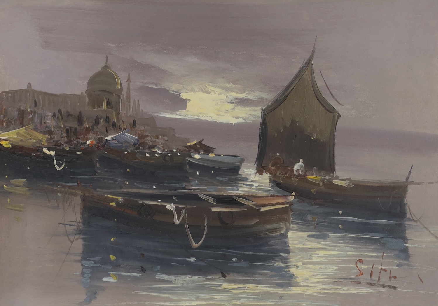 Situ, oil on canvas, Moored boats off the Italian coast, signed, 46 x 66cm